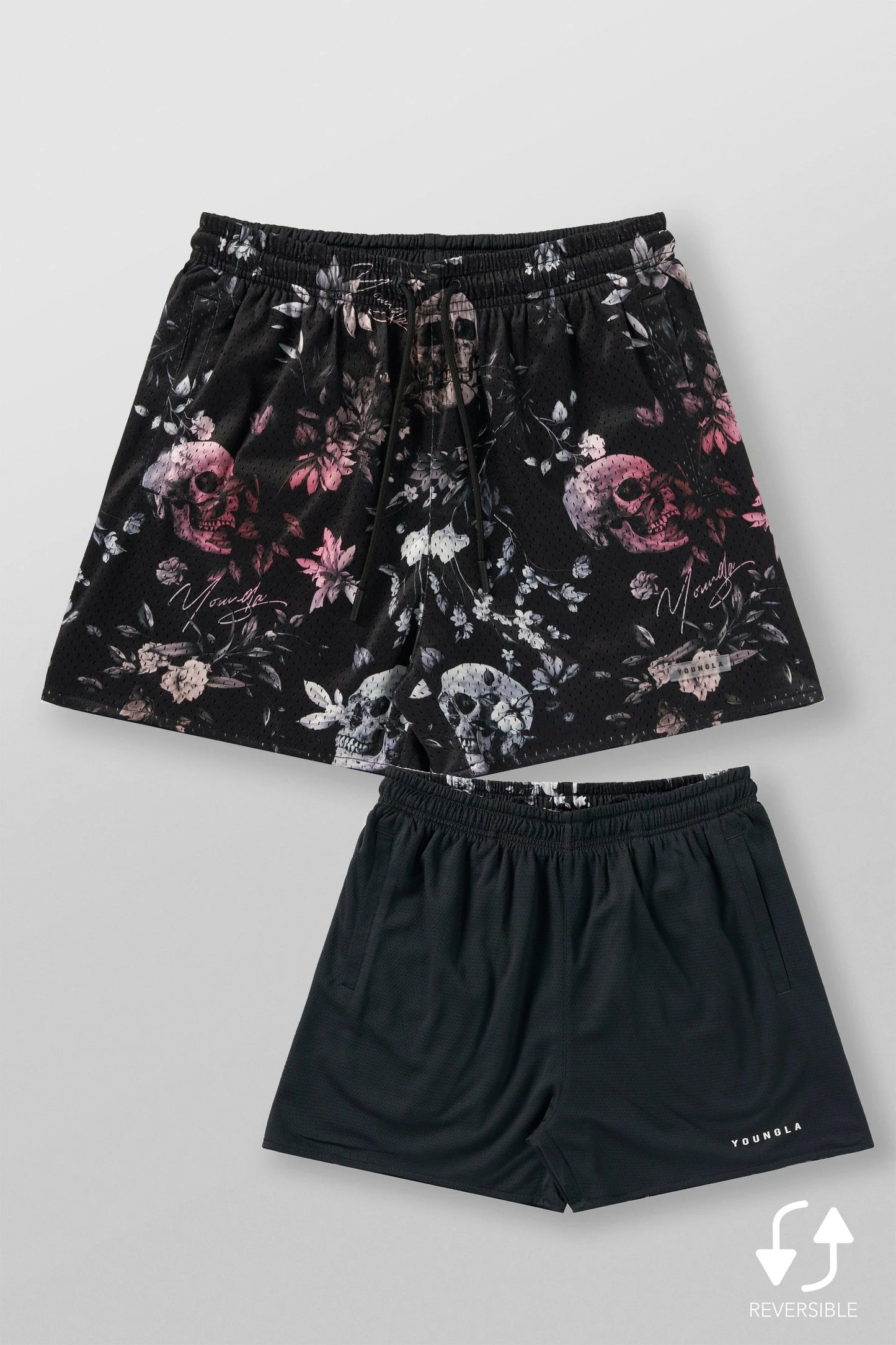 1111 - Skulls & Roses Reversible Shorts | Black Flower Skull