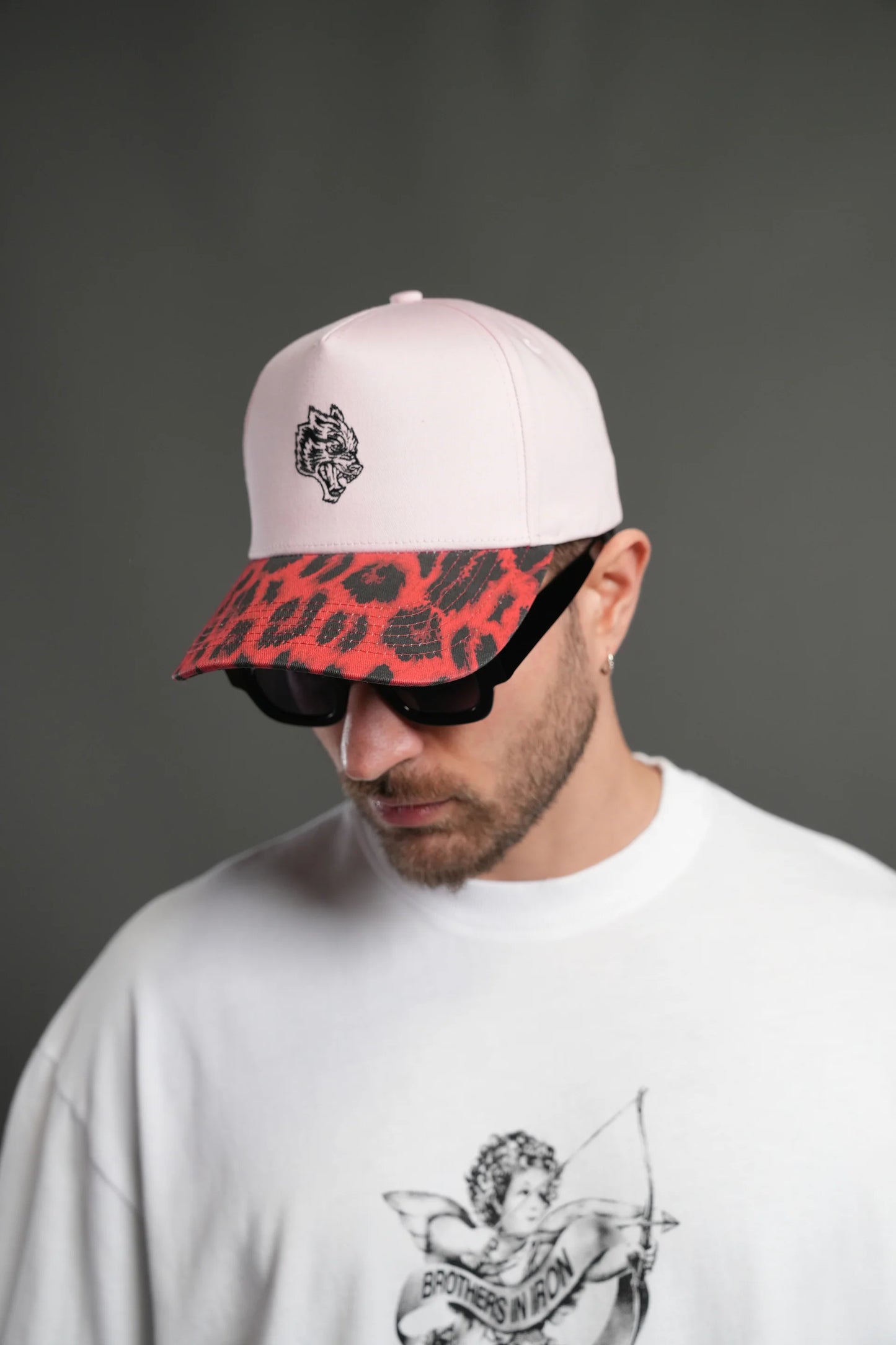 Wolf Head 5 Panel Hat in Cloud Pink/Red Leopard