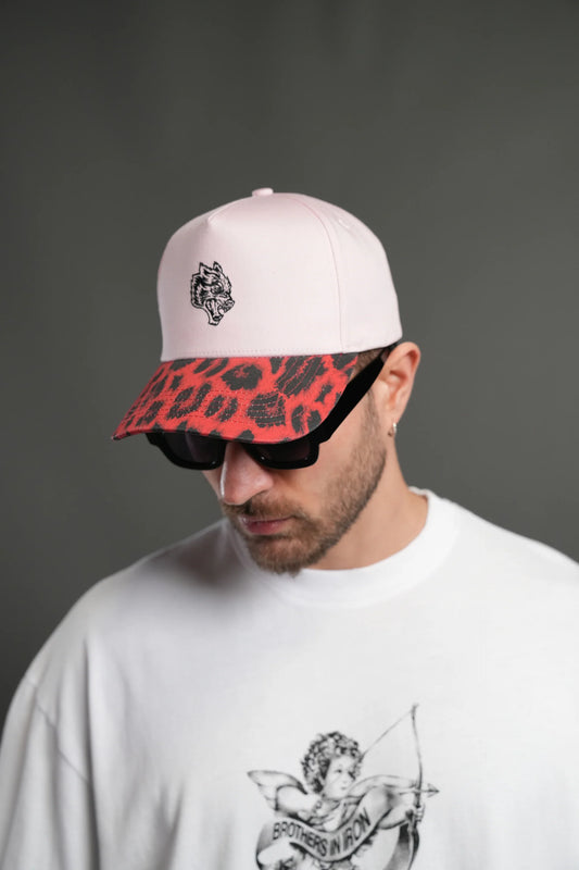 Wolf Head 5 Panel Hat in Cloud Pink/Red Leopard