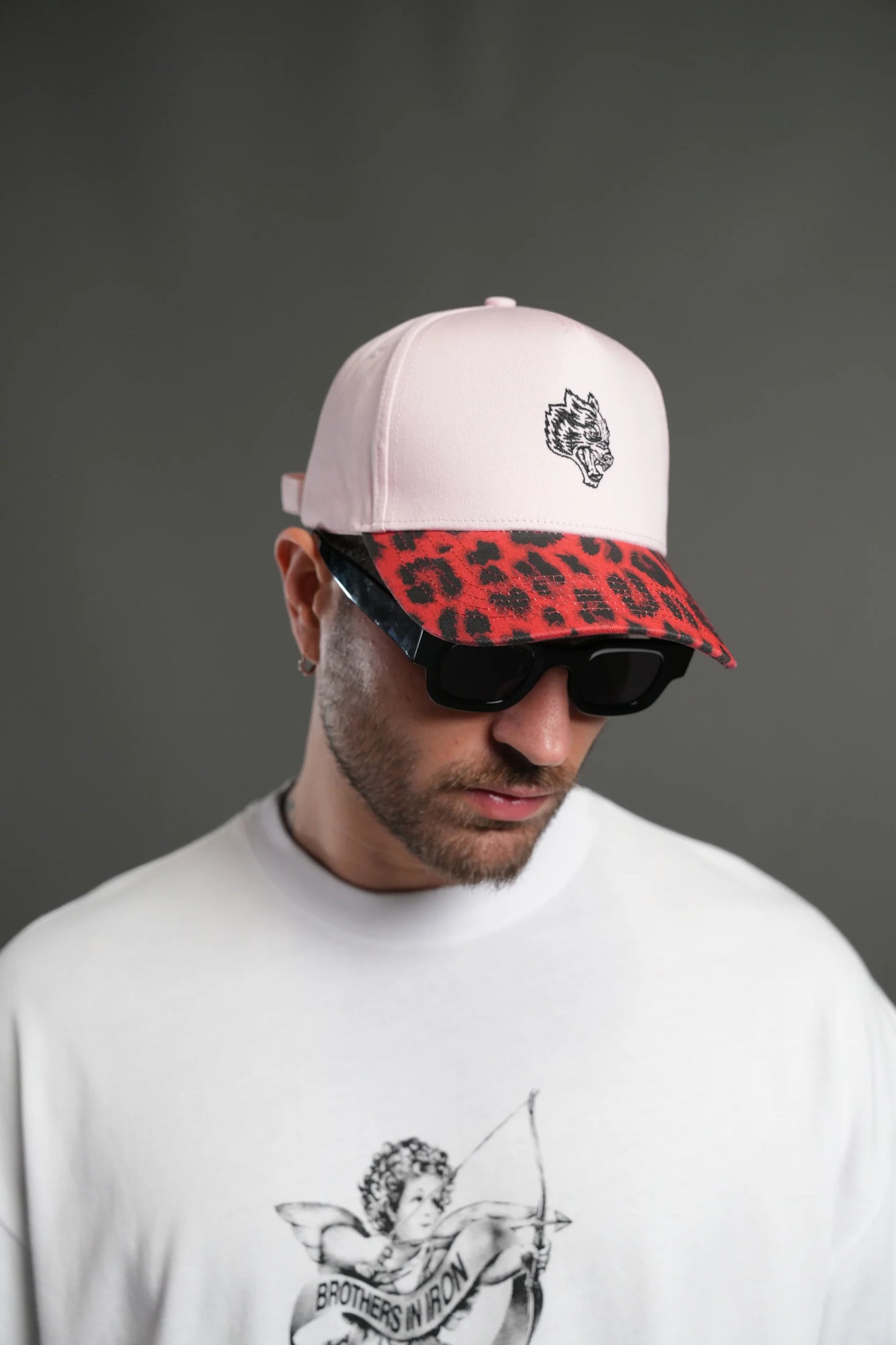 Wolf Head 5 Panel Hat in Cloud Pink/Red Leopard