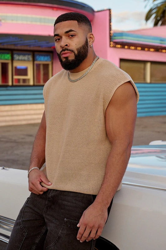 3012 - Drop Shoulder Knit Cut-Off | Beige Tan